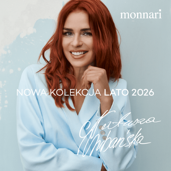 Na grafice widoczna jest Natasza Urbańska w jasnoniebieskiej stylizacji, uśmiechnięta i pozująca na jasnym tle. Obok znajduje się informacja o nowej kolekcji Lato 2026 marki Monnari, prezentującej lekkie, świeże i kobiece modele na nadchodzący sezon.