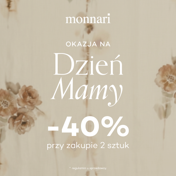 Grafika promocyjna marki Monnari utrzymana jest w jasnych beżowych kolorach z delikatnym kwiatowym motywem w tle. Na środku widoczny jest napis „Okazja na Dzień Mamy” oraz informacja o promocji „-40% przy zakupie 2 sztuk”. U góry znajduje się logo marki Monnari, a całość ma elegancki i subtelny charakter.