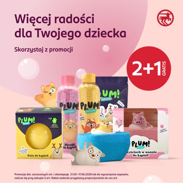 Promocja marki PLUM w sklepach Rossmann w M1. Grafika przedstawiająca produkty objęte promocją.