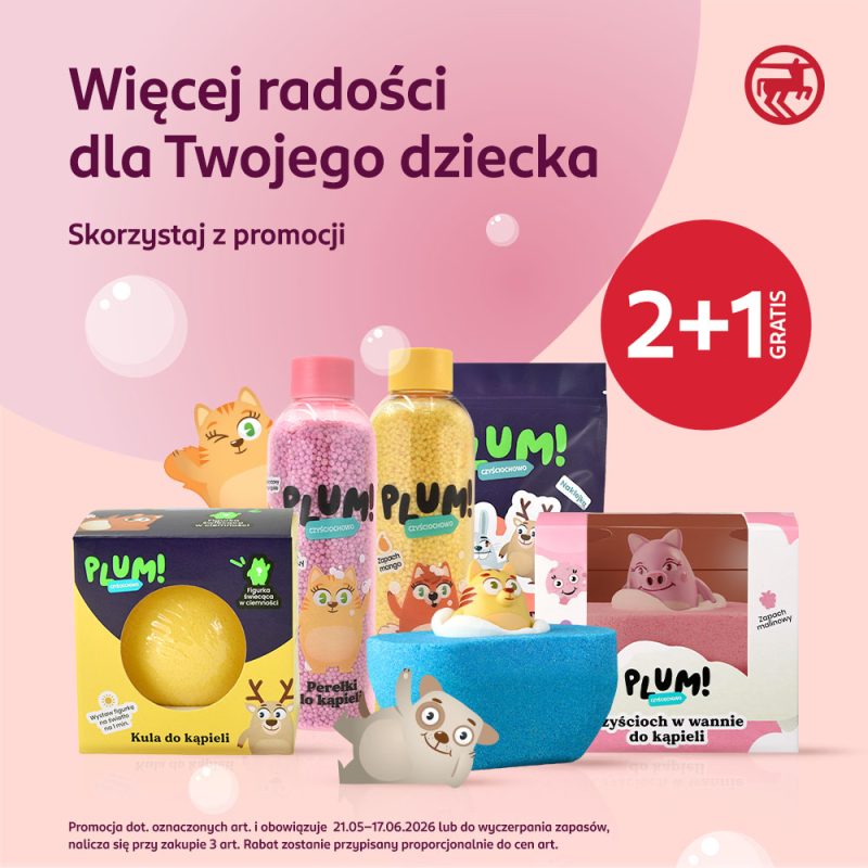Promocja marki PLUM w sklepach Rossmann w M1. Grafika przedstawiająca produkty objęte promocją.