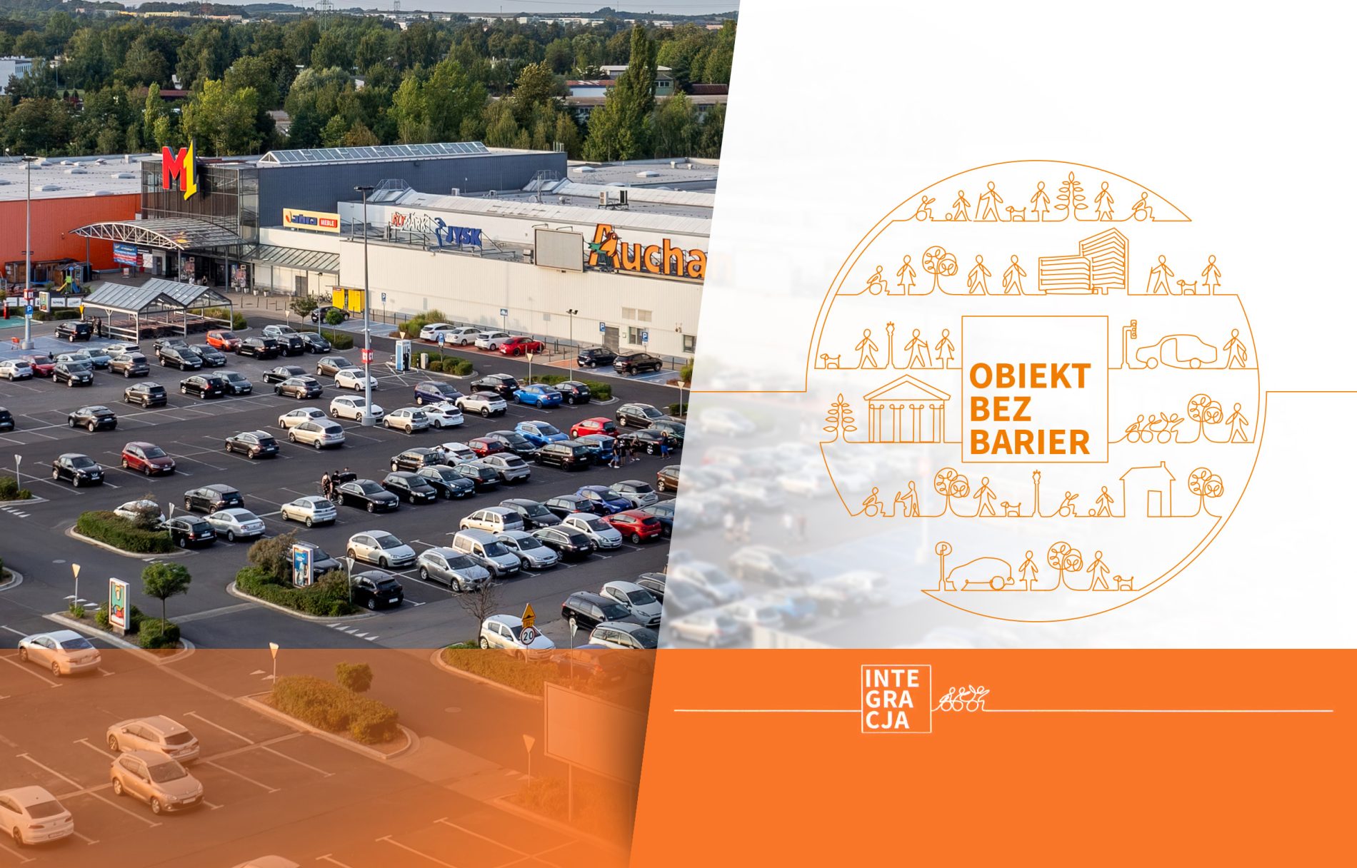Certyfikat obb, obiekt bez barier, centrum handlowego M1 Bytom. Certyfikat OBB na tle centrum handlowego M1 Bytom.