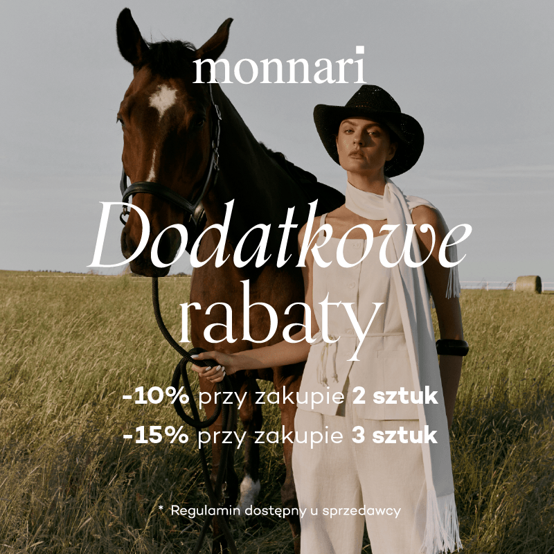 Grafika promocyjna marki monnari. Kobieta ubrana w biały strój stojąca z koniem na łące.