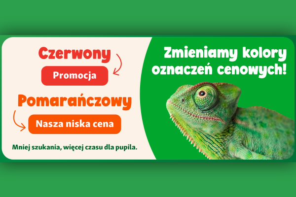 Grafika informująca o zmianie metek cenowych w Maxi Zoo. Kameleon na zielonej grafice razem z napisami.