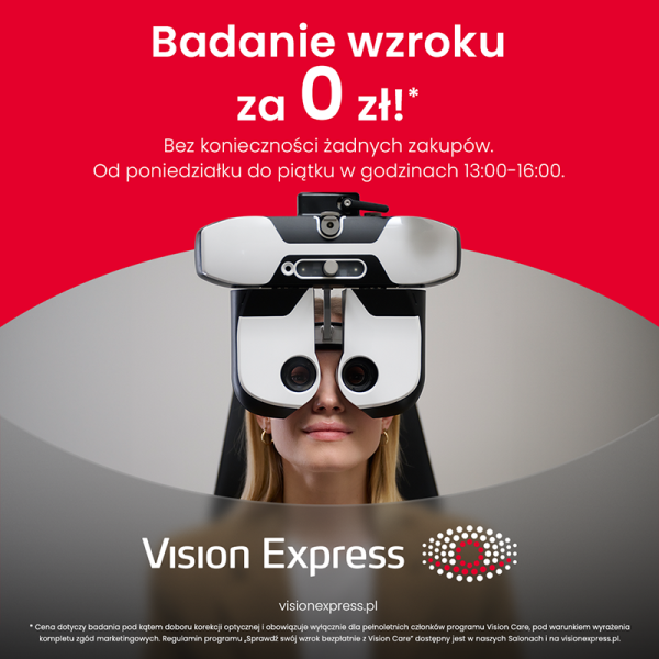 Grafika promocyjna Vision Express. Kobieta podczas badaniu wzroku.