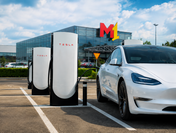Grafika dla aktualnosci dotyczacej stacji ladowania samochodow elelktrycznych tesla. Samochód tesla na parkingu m1 bytom przy stacji ladowania.